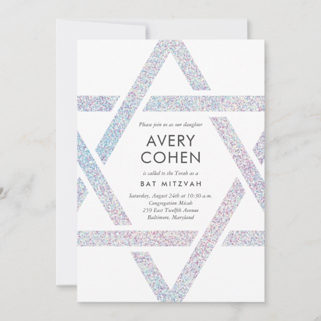 Modern Star Holographic Glitter Bat Mitzvah Invitation (Front)
