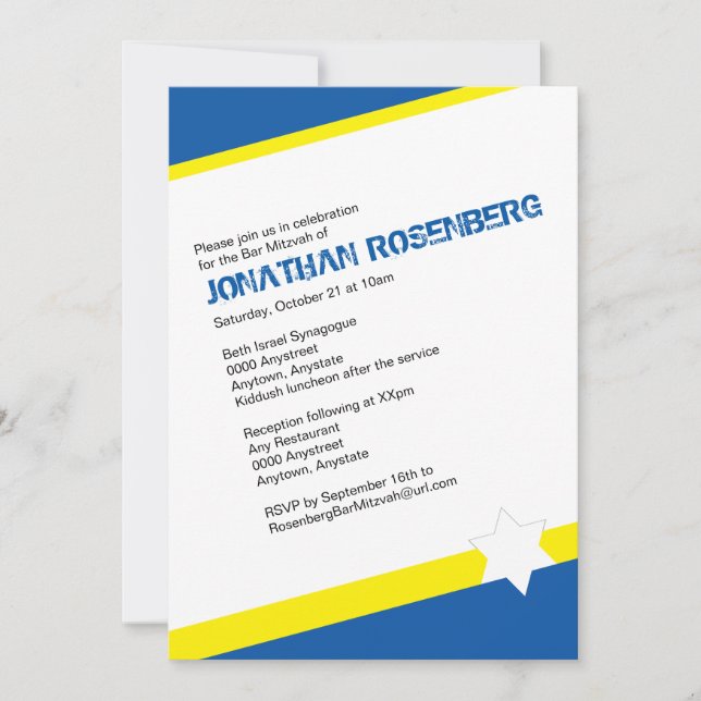 Modern Star of David Bar Mitzvah Invitation Blue (Front)