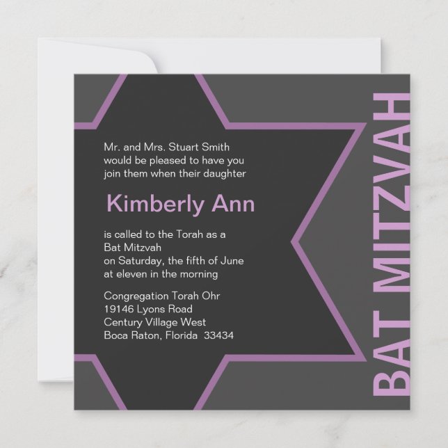 Modern Star of David Bat Mitzvah -Grey & Pink Invitation (Front)