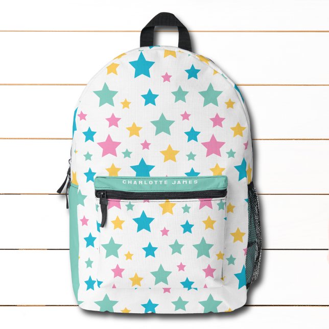Modern Star Pattern Pink Mint Personalised Name Printed Backpack (Creator Uploaded)