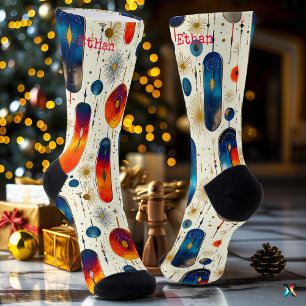 Modern Starburst Christmas Socks with Blue and Red