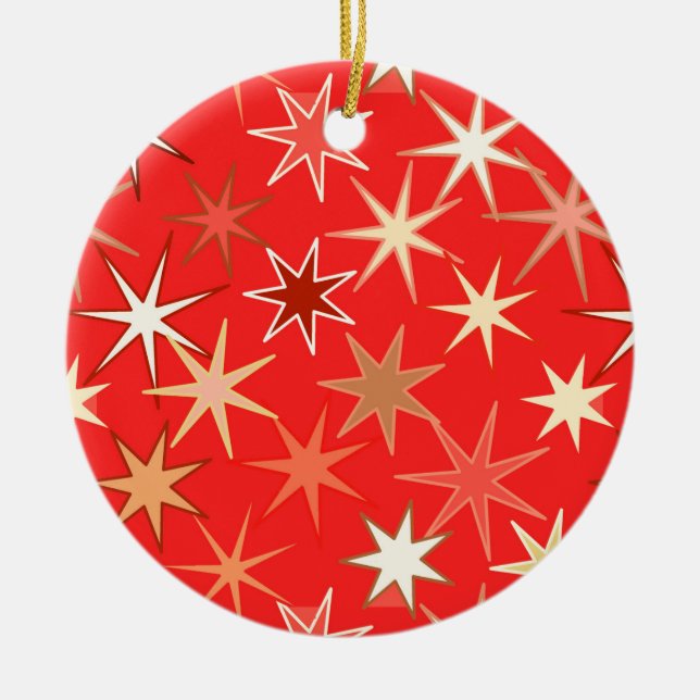 Modern Starburst Print, Deep Mandarin Orange Ceramic Tree Decoration (Front)