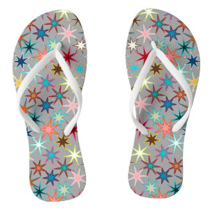 Modern Starburst Print, Jewel Colours on Grey Flip Flops
