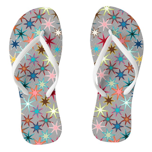 Modern Starburst Print, Jewel Colours on Grey Flip Flops (Footbed)