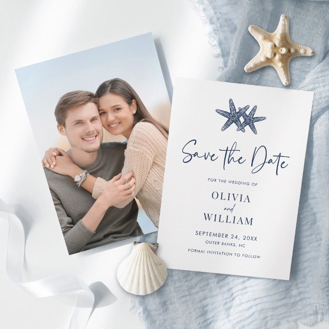 Modern Starfish Beach Navy Blue Wedding Save The Date (Creator Uploaded)