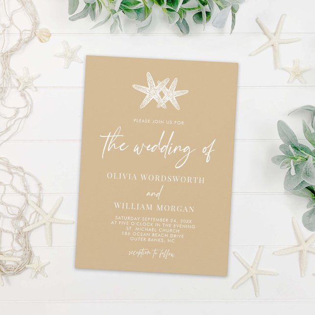 Modern Starfish Beach Sand Beige Script Wedding Invitation (Creator Uploaded)