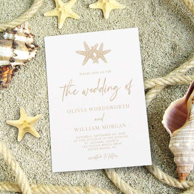 Modern Starfish Beach Script Beige Sand Wedding Invitation (Creator Uploaded)