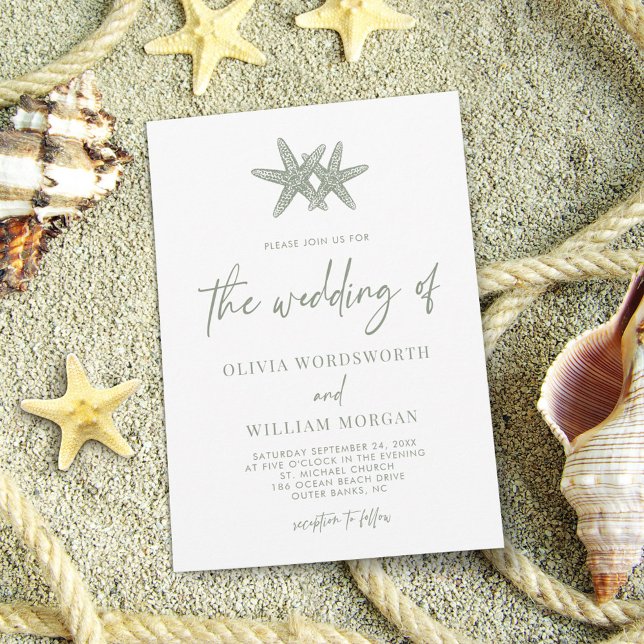 Modern Starfish Beach Script Sage Green Wedding Invitation (Creator Uploaded)