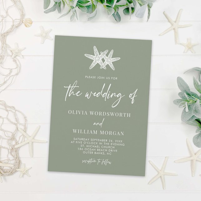Modern Starfish Sage Green Beach Script Wedding Invitation (Creator Uploaded)