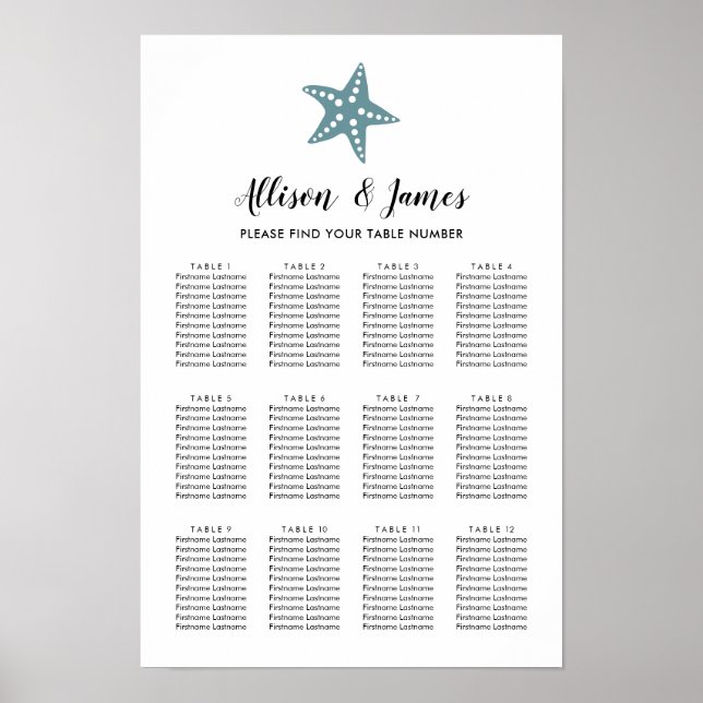 Modern Starfish Wedding Seating Chart, Blue Gray Poster (Front)