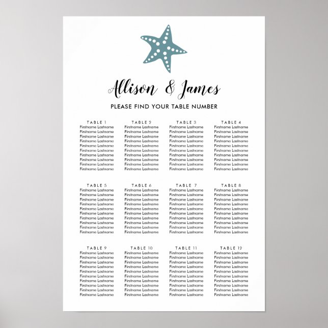 Modern Starfish Wedding Seating Chart, Blue Gray Poster (Front)
