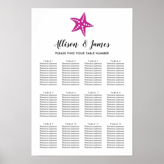 Modern Starfish Wedding Seating Chart Fuchsia Pink (Front)