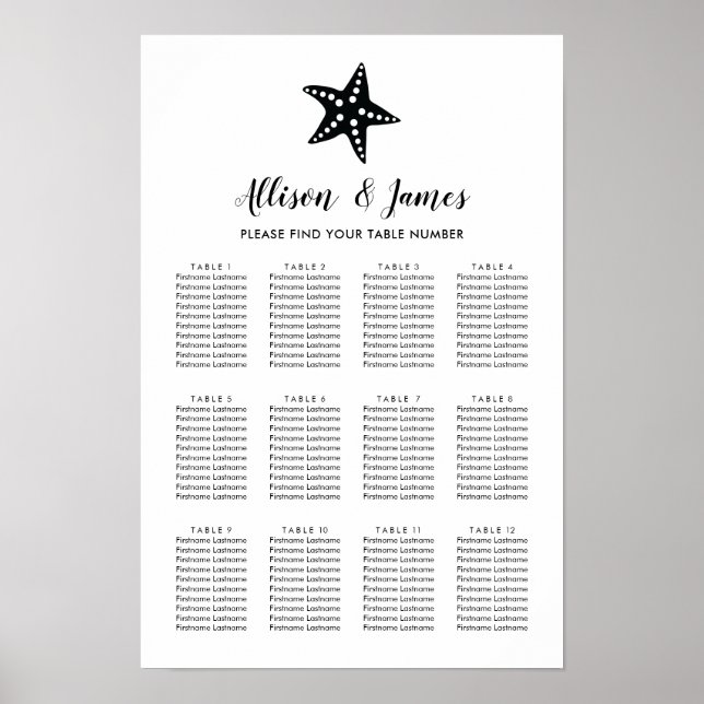Modern Starfish Wedding Seating Chart Sign (Front)