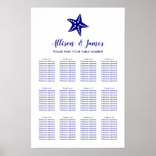 Modern Starfish Wedding Seating Chart Sign, Navy