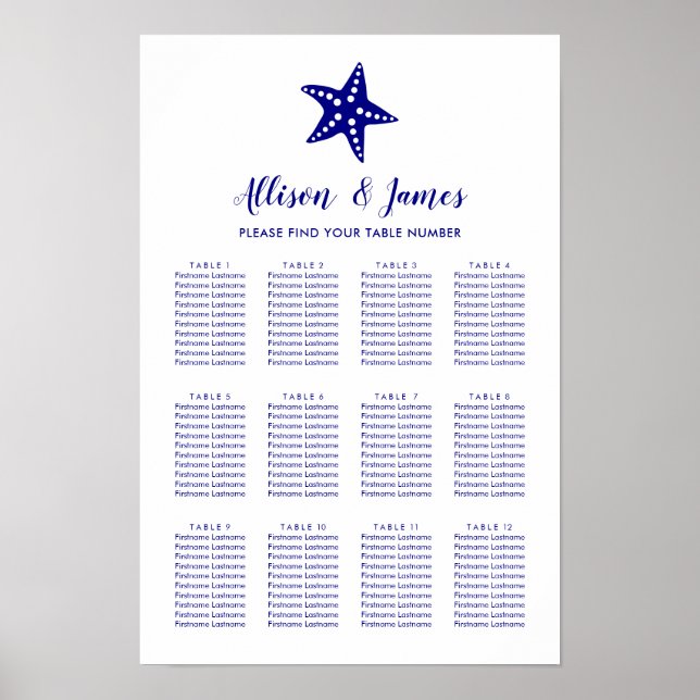 Modern Starfish Wedding Seating Chart Sign, Navy (Front)