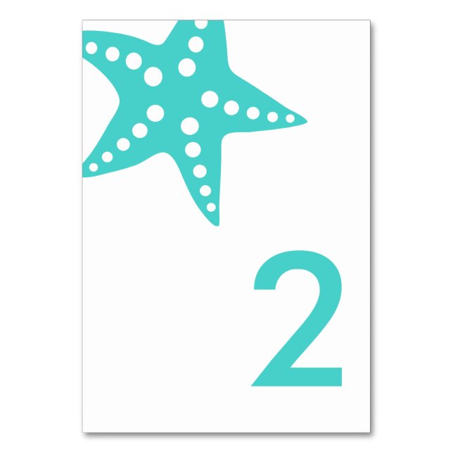 Modern Starfish Wedding Table Number Card, Aqua (Front)