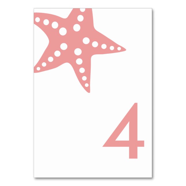 Modern Starfish Wedding Table Number Card, Pink (Front)