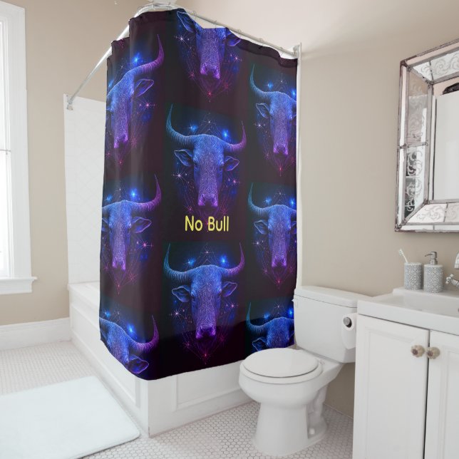 Modern Starry Blue "No Bull" Taurus Shower Curtain (In Situ)