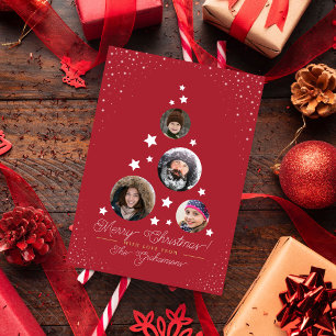 Modern Starry Christmas Tree & 4 Family Photos Holiday Postcard