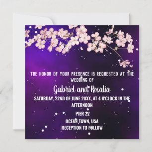Modern Starry Night Sky & Cherry Blossom Wedding Invitation