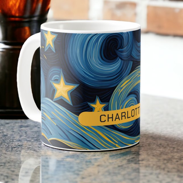 Modern Starry Night Sunflower Personalised Name Coffee Mug (Modern Starry Night Sunflower Personalized Name Coffee Mug from Ricaso. A fun Van Gogh mash up art)