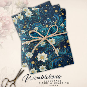Modern Starry Night & White Lily Floral Wrapping Paper Sheet