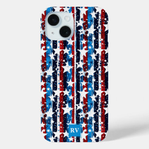 Modern Stars and Stripes Monogram USA iPhone 15 Case