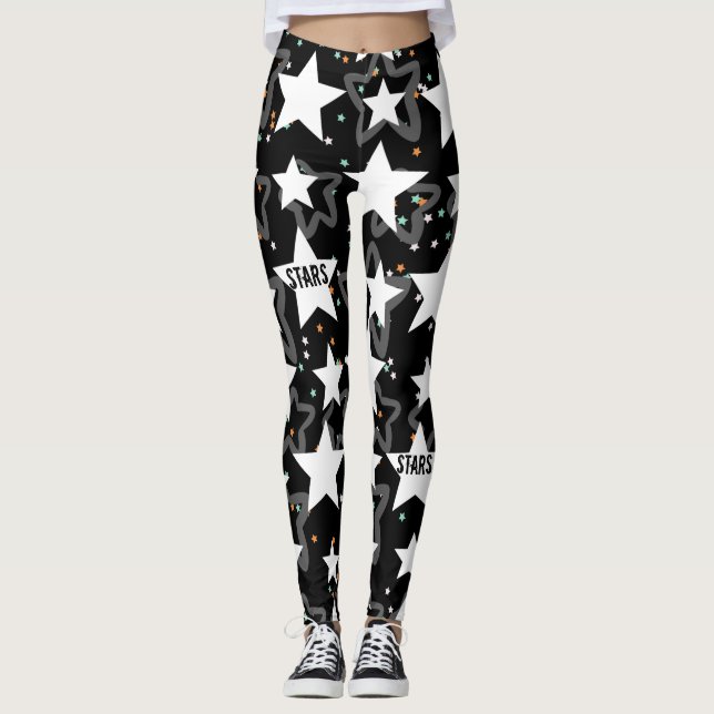 Modern stars black white pattern women  leggings (Front)
