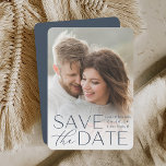 Modern Statement | Vertical Photo Save The Date<br><div class="desc">Announce your wedding date in unforgettable style with these elegant and modern photo save the date cards, featuring a full bleed vertical or portrait orientated photo with "save the date" overlaid in dusty slate blue lettering along the bottom. Your names, wedding date, and wedding location appear alongside in modern lettering....</div>