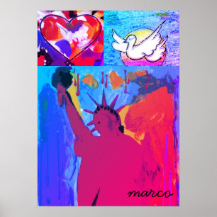 Modern statue of liberty Watercolor red heart dove Poster