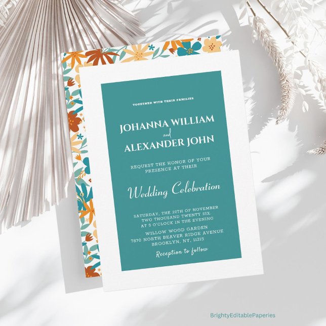 Modern Steel Blue Colourful Wildflower Boho Weddin Invitation (Creator Uploaded)