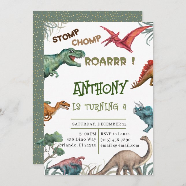 Modern stomp chomp roar birthday baby shower perso invitation (Front/Back)
