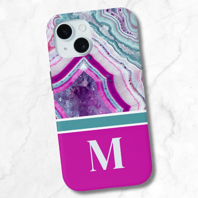 Modern Stone Initial Monogram iPhone 15 Case (Stylish Modern Teal Magenta Stone Initial Monogram iPhone 15 Case)
