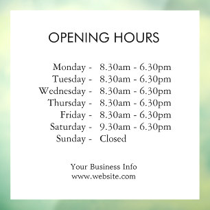 Modern Store Hours Business Opening Times Window Cling