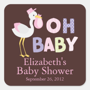 Modern Stork Baby Girl Baby Shower Sticker