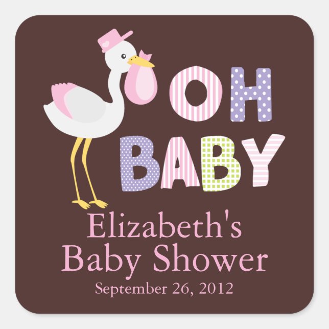 Modern Stork Baby Girl Baby Shower Sticker (Front)