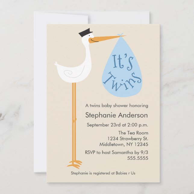 Modern Stork Baby Shower Invitation - Twin Boys (Front)