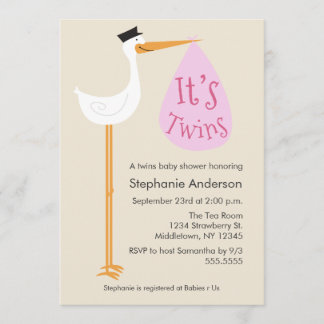 Modern Stork Baby Shower Invitation - Twin Girls