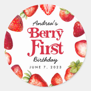 Modern Strawberry Berry First Birthday Classic Round Sticker
