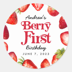 Modern Strawberry Berry First Birthday Classic Round Sticker