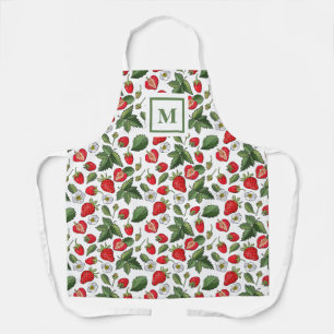 Modern Strawberry Blossom Pattern Monogram Apron