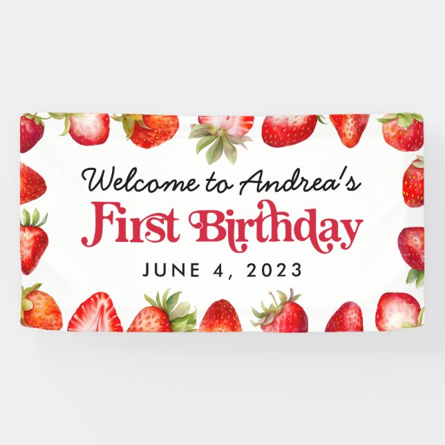 Modern Strawberry Kids First Birthday Welcome Banner (Horizontal)