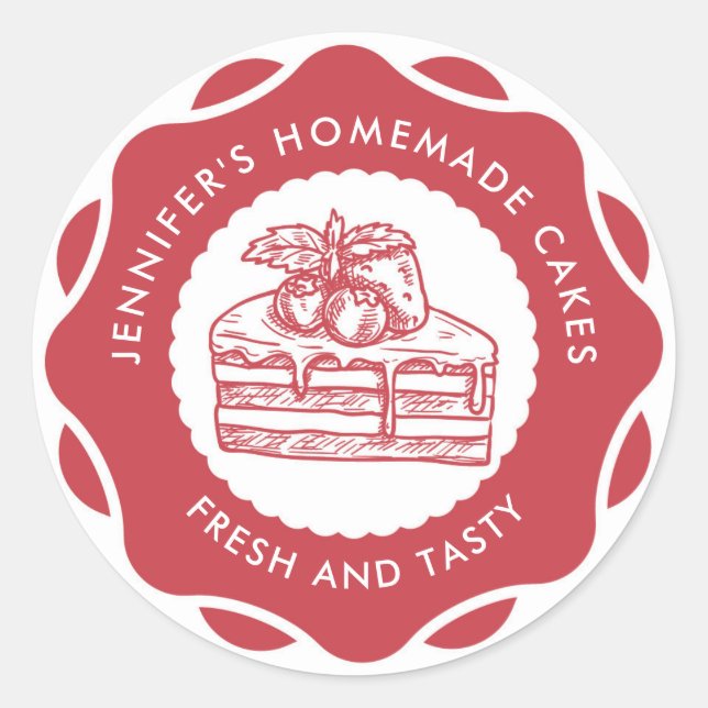 Modern Strawberry Red Homemade Cakes Bakery Classic Round Sticker (Front)