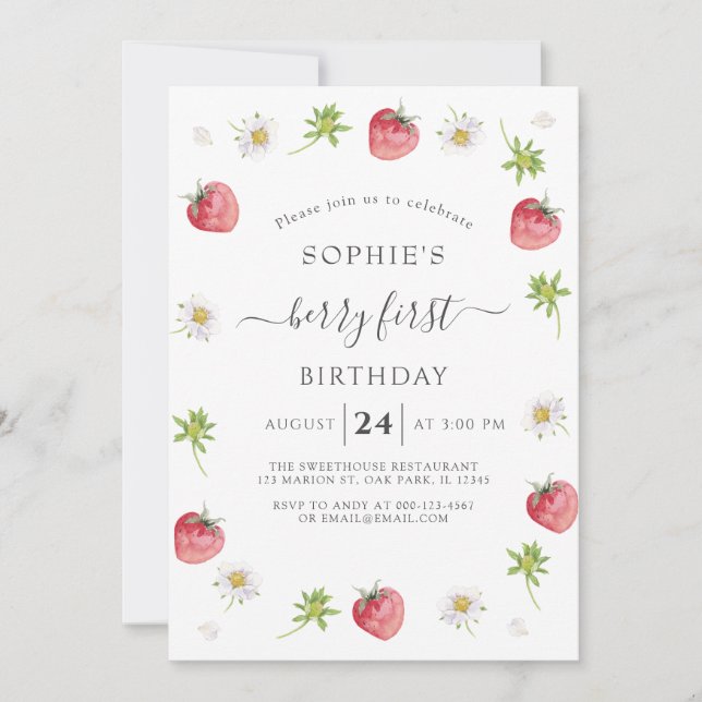 Modern Strawberry Sweet Berry First Birthday Invitation (Front)