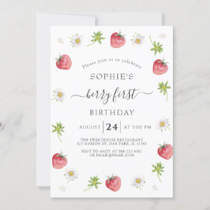Modern Strawberry Sweet Berry First Birthday Invitation