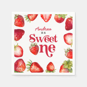 Modern Strawberry Sweet One First Birthday Girls Napkin