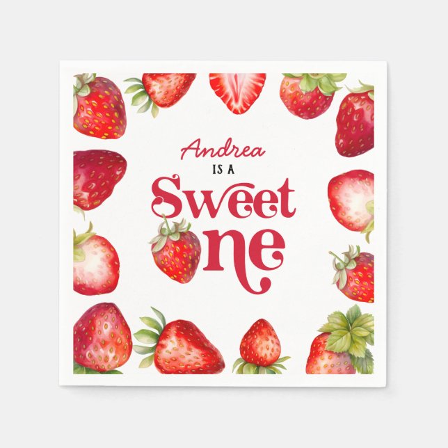 Modern Strawberry Sweet One First Birthday Girls Napkin (Front)