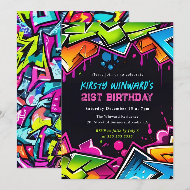 Modern Street Art Graffiti 21st Birthday Invitation (Front/Back)
