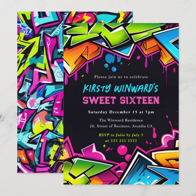 Modern Street Art Graffiti Sweet Sixteen Invitation (Front/Back)