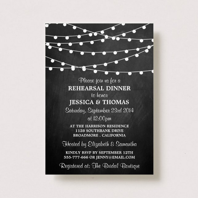 Modern String Lights Chalkboard Rehearsal Dinner Invitation (Creator Uploaded)
